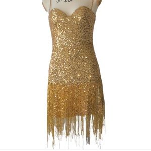 2007 H&M and Roberto Cavalli Gold Sequin Dress with Beaded Fringe